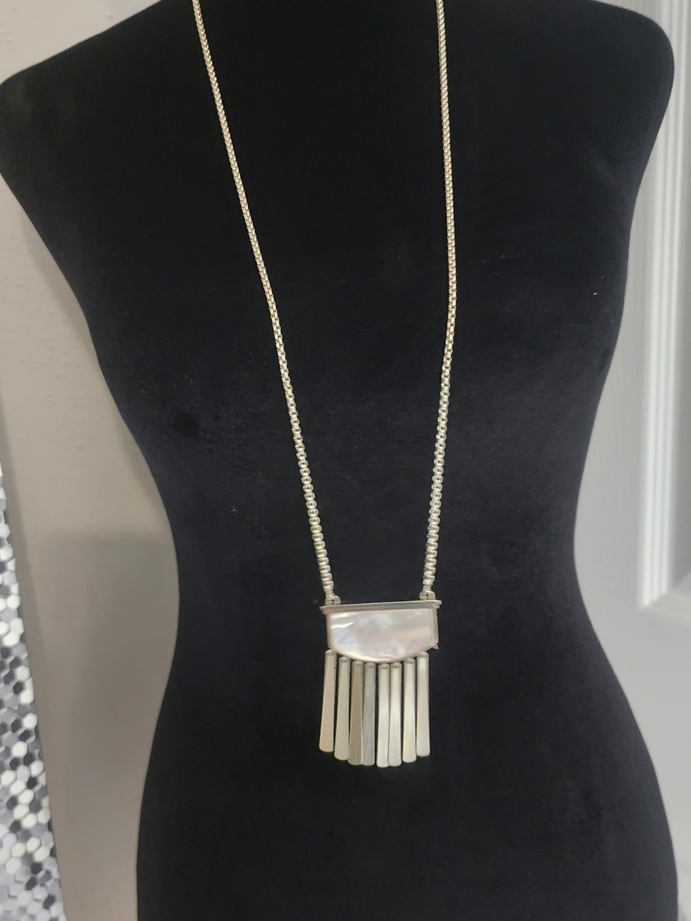 Gold Fringe Pendant Necklace with Mother-of-Pearl Inlay . One Missing Link - Picture 9 of 15